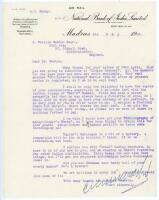 A.C. McKay, cricket writer, to George Neville Weston. A series of four typed letters from McKay, all written in 1938 on airmail paper with letterhead for the National Bank of India Ltd., Madras. In the first letter dated 6th May, McKay is pleased that Wes