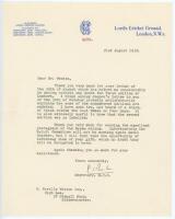 Rowan Rait Kerr. Secretary of M.C.C. 1936-1952. Single page typed letter on M.C.C. letterhead to Neville Weston. Dated 21st August 1937, Rait Kerr thanks Weston for his letter, ‘which has helped me considerably in dating without doubt the first edition of