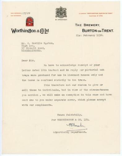 George Neville Weston, cricket collector. A selection of three letters, written in 1938, from Weston&rsquo;s own archive comprising correspondence with The Worthington & Co. Brewery in Burton-on Trent. The first, dated 18th February 1938, is Weston&rsquo;s original c