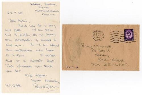 Paul Antony Gibb. Cambridge University, Yorkshire, Essex & England 1935-1956. Single page handwritten letter dated 27th July 1958 from Gibb to a Robin McConnell in New Zealand, with original envelope. Gibb is replying to a request for a signed photograph 