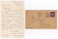 Paul Antony Gibb. Cambridge University, Yorkshire, Essex & England 1935-1956. Single page handwritten letter dated 27th July 1958 from Gibb to a Robin McConnell in New Zealand, with original envelope. Gibb is replying to a request for a signed photograph 