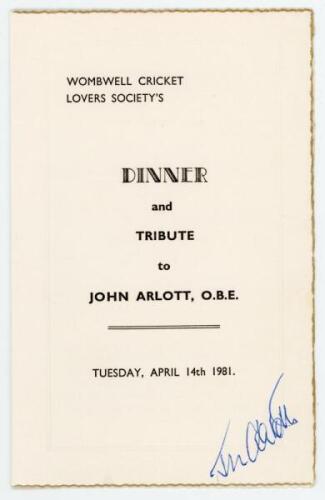 John Arlott. Official folding menu for a ‘Dinner and Tribute to John Arlott, O.B.E.’ given by the Wombwell Cricket Lovers Society on 14th April 1981. Signed to the front by Arlott. Sold with a typed letter from Arlott dated 19th March 1963, is to Jack Sok