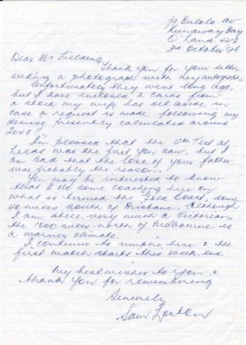 Australian Test cricketers signed letters. Three handwritten letters from Australian Test cricketers. In one from Sam Loxton, replying to a request for a signed photograph and dated 3rd October 1996, he states that he is now coaching and umpiring on the ‘