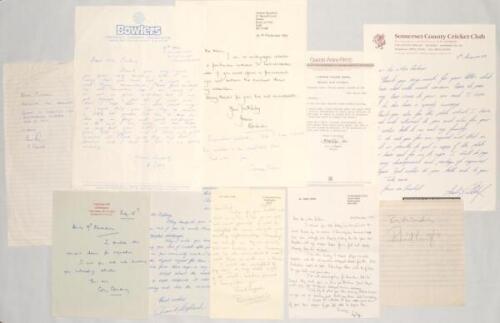 County and Test cricketers signed letters. Ten handwritten letters from cricketers replying to invitations to attend events, requests for autographs etc. Signatures are Bomber Wells, David Shepherd, Roy Virgin, Andy Caddick, Robert Croft, Colin Cowdrey, B