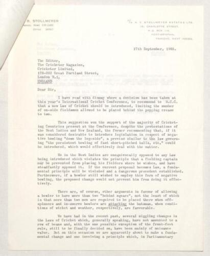 Jeffrey Baxter Stollmeyer. Trinidad & West Indies 1938-1957. Interesting two page letter from Stollmeyer, written in Trinidad and dated 17th September 1968, to Jim Swanton who, at the time, was editor of ‘The Cricketer’, regarding the recent decision take