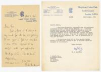 M.C.C. letters 1951-1978. Five letters on official Lord’s Cricket Ground letterhead. Includes one handwritten letter dated 2nd November 1951 from W. Findlay, President of M.C.C. in 1951, to ‘Dear Eric’ thanking him ‘for all you did yesterday’. Signed ‘Bil