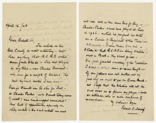 Gilbert Laird Jessop. Gloucestershire, Cambridge University, London County & England 1894-1914. Nice two page handwritten letter dated 16th April 1948 written to ‘Dear Arkell’. Jessop comments on an article on the ‘Old County’ which he found to be ‘most i