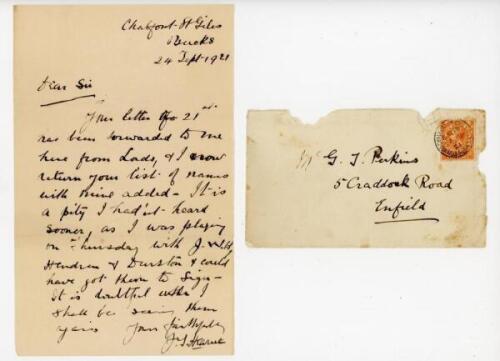 John Thomas Hearne. Middlesex & England 1888-1923. Single page handwritten letter in ink dated 24th September 1921 from Hearne who is returning ‘your list of names with mine added’. He adds, ‘It is a pity I hadn’t heard sooner, as I was playing on Thursda