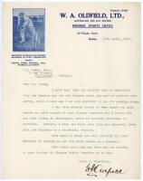 William Albert Stanley ‘Bert’ Oldfield. New South Wales & Australia 1919-1938. Single page typed letter from Oldfield on his sports outlet business letterhead, dated 16th April 1928. Writing to ‘J.G. Rowan’ who ran his own sports shops in Glasgow, and pub