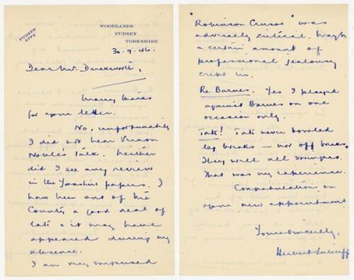 Herbert Sutcliffe. Yorkshire & England 1919-1945. Two page handwritten letter in ink dated 30th September 1946 from Sutcliffe to ‘Dear Mr [George?] Duckworth’. Sutcliffe reports he ‘did not hear Vernon Noble’s talk. Nieth er did I see any review in the Yo