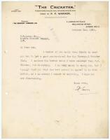 Sir Pelham Francis Warner. Middlesex and England 1894-1929. Single page typed letter on ‘The Cricketer’ letterhead, to ‘My Dear Ben’, dated 2nd October 1923. Warner is enquiring as to whether the correspondent can ‘get a good professional for the Liverpoo