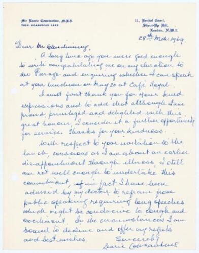 Learie Nicholas Constantine. Trinidad & West Indies 1921-1939. Single page handwritten letter on ‘Sir Learie Constantine, London’ headed paper from Constantine to Raymond Glendenning, BBC Sports commentator, regarding invitations speak at ‘The Leadership 