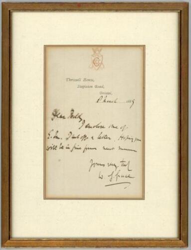 W.G. Grace. Single page handwritten letter in ink from Grace, dated 8th March 1889’, to ‘Dear Teddy [E.G. Wynyard?]’. Writing from Thrissell House in Bristol, Grace writes, ‘I enclose one [signature] of E.M. [Grace] I cut off a letter. Hoping you will be 