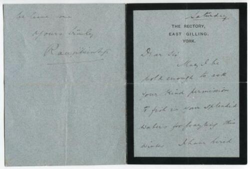 Kumar Shri Ranjitsinhji. Sussex & England 1895-1920. Four page handwritten letter from Ranjitsinhji requesting ‘your kind permission to fish in your splendid waters for grayling this winter. I have hired the Gilling Shoot this year..... So your kindness w