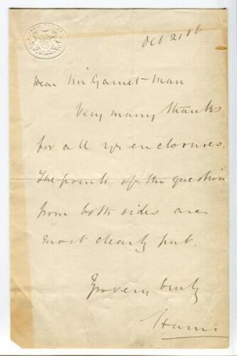 Lord Harris, George Robert Canning, Kent & England 1870-1911. Short one page handwritten letter from Lord Harris on ‘India Office’ headed paper to Mr Garnet-Man. The letter dated October 21st 1886.. ‘Very many thanks for all your enclosures. The points of