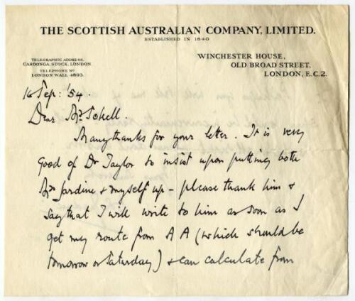 Douglas Robert Jardine. Oxford University, Surrey & England 1920-1934. Two page handwritten letter, on ‘The Scottish Australian Company Limited’, London letterhead, in ink from Jardine to Jack Sokell, the letter dated 16th September 1954. Jardine appears 