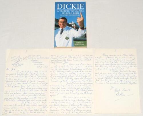 Harold Denis ‘Dickie’ Bird. Yorkshire & Leicestershire 1956-1964. Three page handwritten letter from Bird to Jack Sokell of the Wombwell Cricket Lovers’ Society. Dated 22nd January 1977, Bird is writing from Johannesburg where South Africa are playing Aus