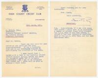 Trevor Edward Bailey. Essex & England 1946-1967. Two page typed letter on Essex C.C.C. head notepaper from Bailey to Jack Sokell of the Wombwell Cricket Lovers’ Society, dated 20th April 1955. Bailey thanks Sokell for his congratulations on England retain