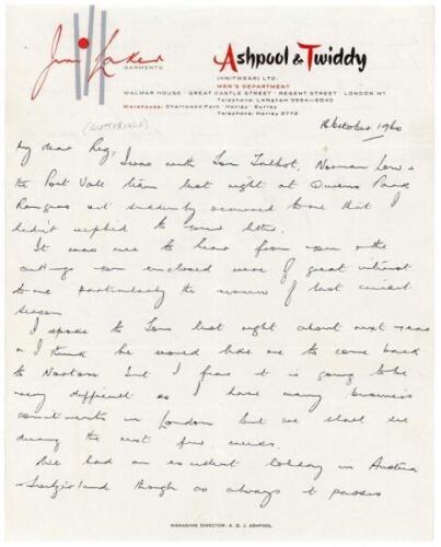 James Charles ‘Jim’ Laker. Surrey, Essex & England 1946-1964. Handwritten two page letter from Laker to Reg Lockett of Norton C.C. for whom Laker played during the early 1960’s. Letter on ‘Ashpool & Twiddy. Jim Laker Garments’ headed paper. Some cricket 