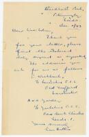 Leonard ‘Len’ Hutton. Yorkshire and England 1935-1955. One page handwritten letter from Hutton, dated 11 December 1947, to a Miss Nelson regarding an autograph request and also giving her the addresses of Cyril Washbrook and Norman Yardley. Nicely signed 