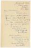 Leonard ‘Len’ Hutton. Yorkshire and England 1935-1955. One page handwritten letter from Hutton, dated 11 December 1947, to a Miss Nelson regarding an autograph request and also giving her the addresses of Cyril Washbrook and Norman Yardley. Nicely signed 