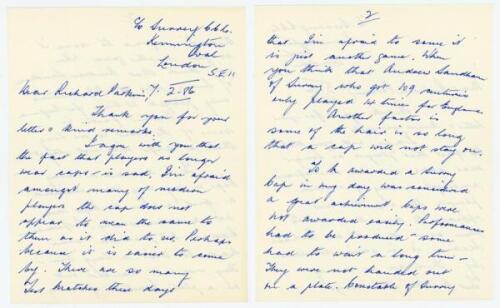 Alec Bedser. Surrey & England 1939-1960. Three page handwritten letter from Bedser dated 7th February 1986 in which Bedser laments the trend of modern players not wearing cricket caps, ‘the cap does not appear to mean the same to them as it did to us’, an