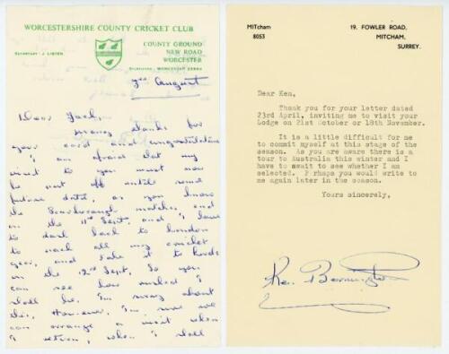 Kenneth Frank ‘Ken’ Barrington. Surrey & England 1953-1968. Two undated letters from Barrington. One, a two page handwritten letter on Worcestershire C.C.C. headed note paper is to Jack Sokell (Wombwell Cricket Lovers’ Society), postponing a visit to the 