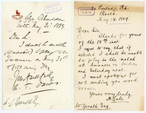 Glamorgan C.C.C. 1889. A selection of two handwritten letters and one telegram from players writing to the Club Secretary, William Yorath, informing him of their unavailability to play in a match at Swansea on 31st May 1889. The two letters are written an