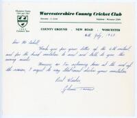 Glenn Maitland Turner. Worcestershire, Northern Districts, Otago & New Zealand 1964-1983. Single page handwritten letter on Worcestershire C.C.C. letterhead, dated 9th July 1968, to Jack Sokell, Wombwell Cricket Lovers’ Society, declining an invitation to