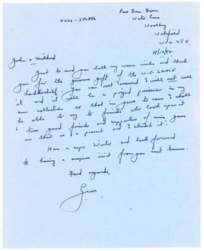 Geoff Boycott. Yorkshire & England. Single page handwritten letter dated 18th October 1984 from Boycott to ‘John & Mildred’, who writes to thank them for the gift of a W.G. Grace handkerchief, which ‘will be a prized possession in my own collection’. Sold