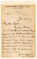 Willliam Gilbert Grace. Single page handwritten letter in ink from Grace to ‘My dear Sugden’. The letter, written on London County Cricket Club letterhead at Crystal Palace, is dated 14th January 1907. ‘My son Charlie is in for the post of Charge Engineer