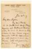 Willliam Gilbert Grace. Single page handwritten letter in ink from Grace to ‘My dear Sugden’. The letter, written on London County Cricket Club letterhead at Crystal Palace, is dated 14th January 1907. ‘My son Charlie is in for the post of Charge Engineer