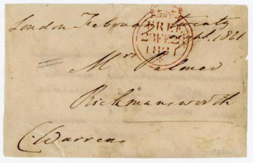 Charles Warren, Middlesex, Sussex, Hampshire & England 1795-1826. Signed free-front envelope to Mrs Palmer of Rickmansworth, sent from ‘London, February twenty eight 1821. Nicely signed ‘C. Warren’ in black ink. Rare early signature of tWarren who played 