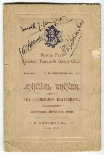 England cricketers. Official menu for the Annual Dinner held at the Clarendon Restaurant, Hammersmith, 8th March 1922 for Boston Park Cricket, Tennis and Bowls Club. Nicely signed in ink to front cover by D.J. Knight (Surrey, Oxford University & England (