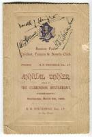 England cricketers. Official menu for the Annual Dinner held at the Clarendon Restaurant, Hammersmith, 8th March 1922 for Boston Park Cricket, Tennis and Bowls Club. Nicely signed in ink to front cover by D.J. Knight (Surrey, Oxford University & England (