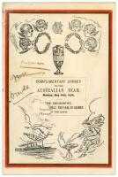 Australia tour to England 1934. Official folding menu for the ‘Complimentary Dinner to the Australian Team’ held at ‘Lord’s Hotel, N.W.’, 14th May 1934. The menu with decorative front cover with illustrations of cherubs and the Ashes urn above the printed