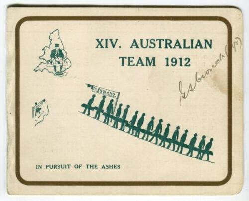 Australian tour of England 1912. Official folding itinerary card for the triangular tour with decorative covers ‘XIV Australian Team 1912... In pursuit of the Ashes’ to front cover