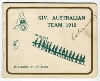 Australian tour of England 1912. Official folding itinerary card for the triangular tour with decorative covers ‘XIV Australian Team 1912... In pursuit of the Ashes’ to front cover