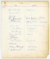 Australia tour to England 1961. Three large pages taken from a hotel guest book, signed to three sides by sixteen playing members of the tour, including Benaud (Captain), Mackay, McDonald, McKenzie, Lawry, Burge, Gaunt, Misson, Kline, Grout, Davidson, Qui