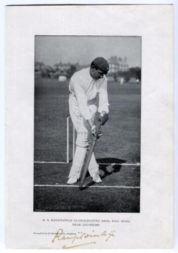 Kumar Shri Ranjitsinhji. Sussex & England. 1895-1920. Bookplate photograph of Ranjitsinhji in batting mode wearing cap, nicely signed to lower border by Ranjitsinhji. Bookplate taken from the ‘Jubilee Book of Cricket’, Ranjitsinhji 1897. Beautifully signe