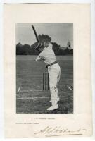 Andrew Ernest Stoddart. Middlesex & England 1885-1900. Bookplate photograph of Stoddart in ‘Driving’ pose, nicely signed to lower border by Stoddart. The bookplate from the ‘Jubilee Book of Cricket’, Ranjitsinhji 1897 and measures 6”x8.5”. Good/very good 