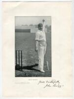 John Briggs. Lancashire & England 1879-1900. Bookplate photograph of Briggs in bowling mode, wearing Lancashire cap, beautifully signed to lower border by Briggs. The bookplate taken from the ‘Jubilee Book of Cricket’, Ranjitsinhji 1897 and measures 7”x10