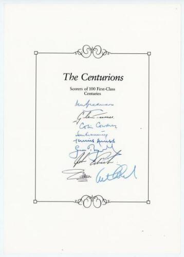 ‘The Centurions- Scorers of 100 First-Class Centuries’. Headed book insert by Boundary Books containing the ink signatures of nine players who have achieved the feat. Signatures, nicely signed in ink, by Don Bradman, Glenn Turner, Colin Cowdrey, Tom Grave