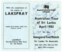 Australian tour to Sri Lanka 1983. Official folding itinerary card ‘for the Inaugural Test match, Sri Lanka v Australia’, Asgiriya Stadium, Kandy, , 22nd- 27th April 1983.