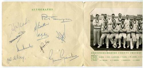 Eric Alfred Meads. Nottinghamshire 1939-1953. Original folding ‘Autographs and Photograph’ card produced by Nottinghamshire C.C.C. for Meads Benefit Fund 1953. The inside autograph page signed by ten members of the Nottinghamshire team, opposite an offici