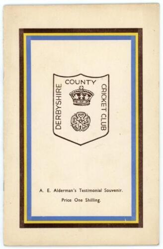 Albert Edward Alderman. Derbyshire 1928-1948. Official ‘A.E. Alderman’s Testimonial Souvenir’ booklet issued by Derbyshire C.C.C. in 1948. Nicely signed in blue ink to the ‘Derbyshire Cricketers, 1947’, photo page. Signatures are E.J. Gothard (Captain), D