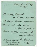 David Denton. Yorkshire & England 1894-1920. Album page with nicely handwritten poem from Denton ‘A little hearth, a little wealth, a little house and freedom, and at the end, a little friend, and little cause to need him’. The poem dated 5th November 190