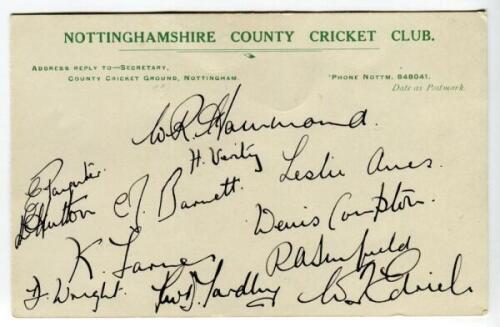 England v Australia 1938. Official Nottinghamshire C.C.C. postcard very nicely signed in black ink by the twelve England players selected for the first Test against Australia at Trent Bridge, 10th-14th June 1938. Signatures are Hammond (Captain), Hedley V