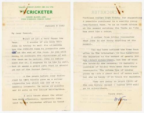 Pelham Francis ‘Plum’ Warner. Oxford University, Middlesex & England 1894-1920. A collection of correspondence from and relating to Warner’s sons, Esmond and John. Letters to and from Esmond Warner include a letter dated 9th January 1967 from the editor o