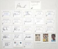 New Zealand Test cricketers 1950s-2010s. Twenty six mainly modern signatures on printed cards, business cards, cuttings laid down etc. Also seven signed newspaper and magazine cuttings. Signatures include Blair, G. Howarth, Wright, C. Cairns, McMillan, Co